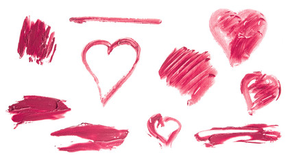 Set of hearts and smudges, drawn with red lipstick