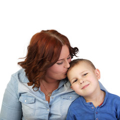 Plump woman and little boy - Happy childhood - Mother kisses son isolated on white background in square