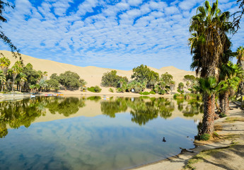Oasis- Huacachina, a village in southwestern Peru, built around a small oasis surrounded by sand dunes, Ica Region, Peru © cristinnastoian
