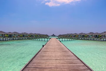 Fotobehang row of water bungalows on a tropical island - travel background © evolutionnow