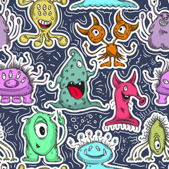 Seamless pattern with cute monsters. Cartoon characters. Colorful hand drawn vector illustration