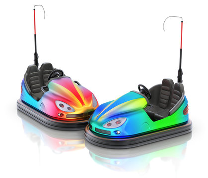 Pair of colorful electric bumper car over white reflective background