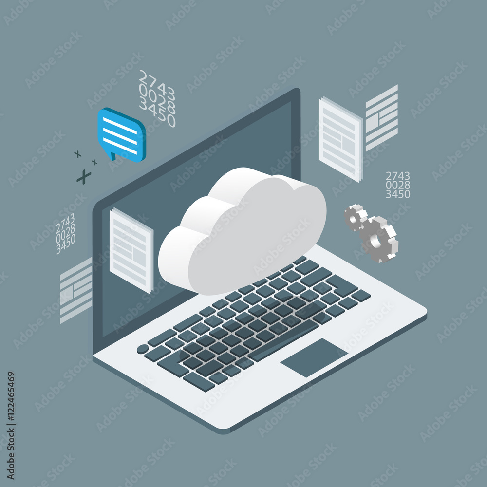 Sticker cloud computing technology business isometric concept