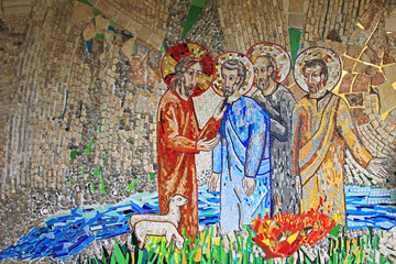Colorful mosaic in the patio of Polloc church. A very nice modern art craftsmanship.