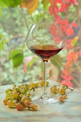 glass of wine and grapes by the window on a cloudy day. Colorful autumn leaves outside the window