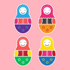 Set of four matryoshka doll silhouettes in different colors, on pink background.