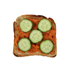Vegetarian breakfast - toast with cucumber isolated on white background