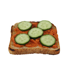 Vegetarian breakfast - toast with cucumber isolated on white background