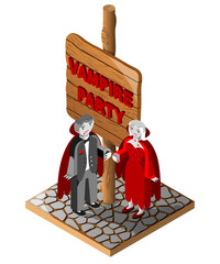 Wooden sign, vampire man and wooman.  Vampire party text. Vector illustration. 3D Isometric view. 