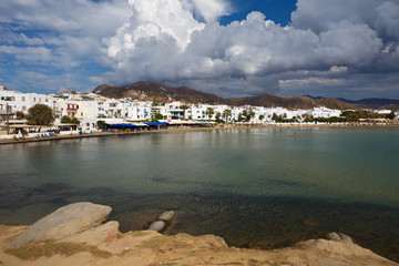 Fototapeta premium View of the Naxos town and one of its beaches.