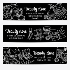 Vector sketchy cosmetics horizontal banners set with make up and body care products for shop, spa salon. Illustration on blackboard