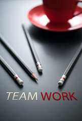 ิbackground group of pencils on blackboard focus at world teamwork, Concept sign