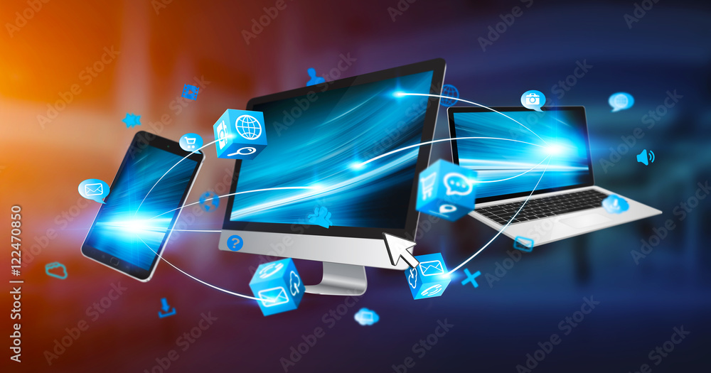 Poster Tech devices and icons applications connected to each other