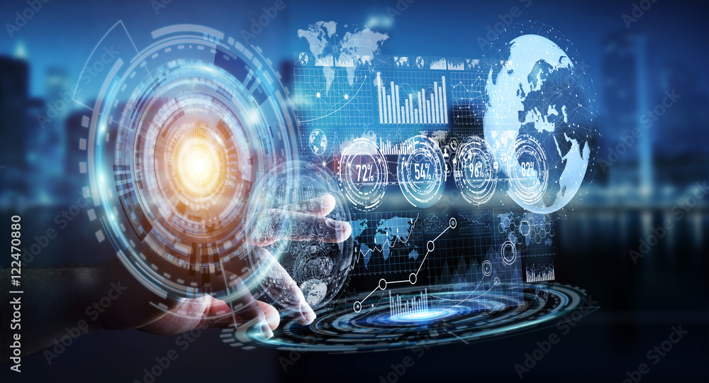 Poster businessman using hologram screen with digital data