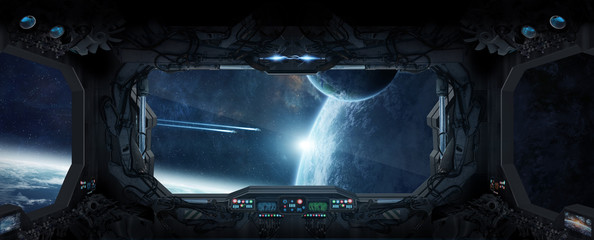 View of outer space from the window of a space station