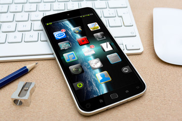 Modern mobile phone on a desk 3D rendering