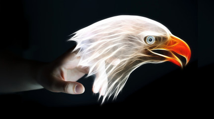 Person touching fractal endangered eagle illustration 3D renderi