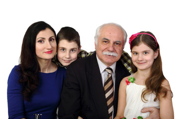 Old man, brunette woman, boy and girl - Three generations of one family - Grandfather, mother, son and daughter portrait isolated on white background