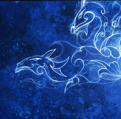 Drawing of ornamental dragon. computer collage and blue color structure. Winter effect.