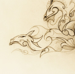 drawing of ornamental animal on old paper background.