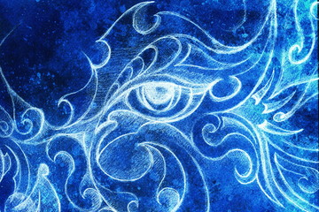 mystic woman eye with floral ornament. Drawing on paper, Color effect. Eye contact.
