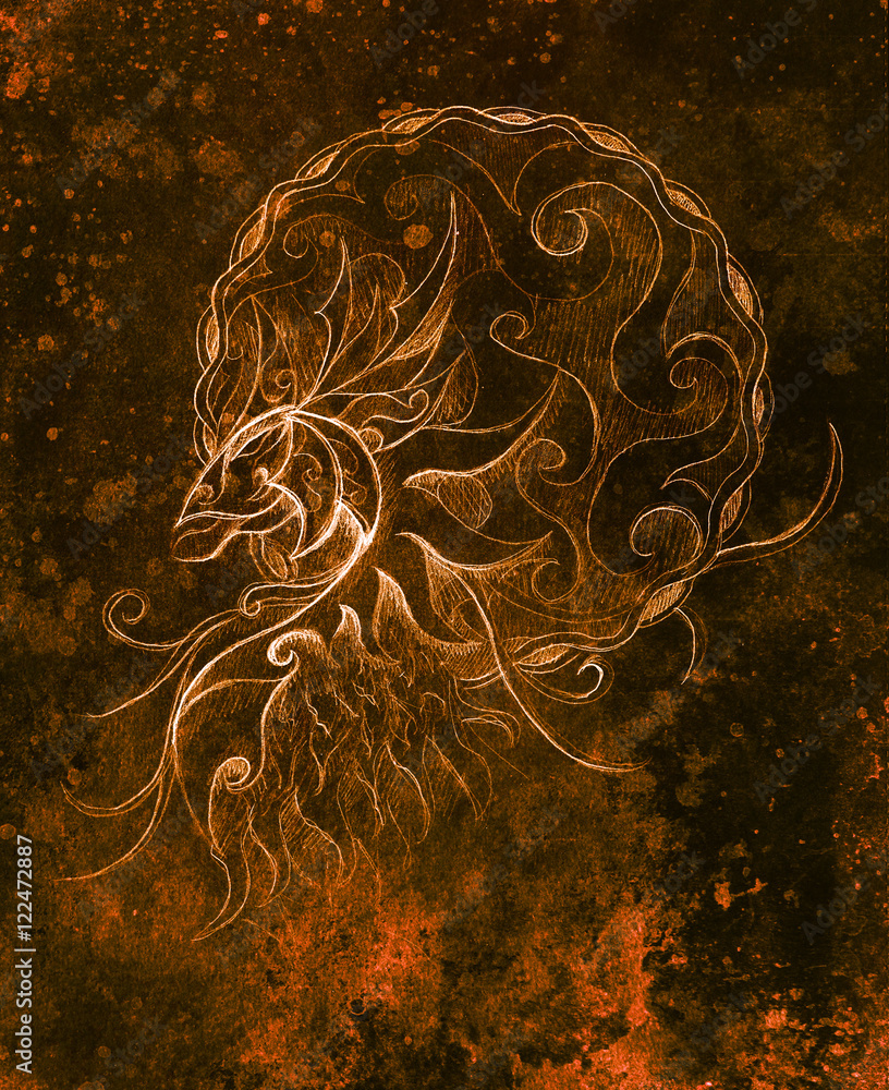 Poster drawing of ornamental animal on old paper background computer collage. and color structure.