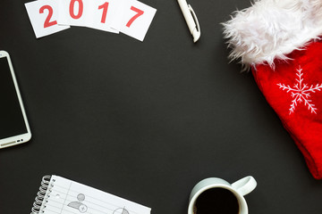 office desk with Christmas and New Year decoration top view