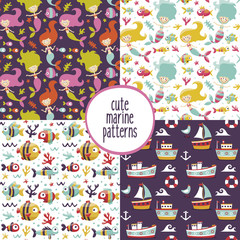 Naklejka premium Cute set of marine patterns with mermaids, sea, ships, yachts, seaweed, Seagull, fish, waves, corals, anchor