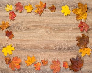 Naklejka na ściany i meble autumn frame from leaves on wood background