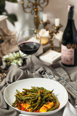 Asparagus bean and pumpkin in a tomato sauce