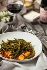 Asparagus bean and pumpkin in a tomato sauce