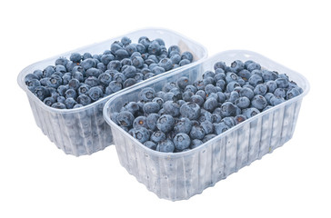 blueberry in box containers at farmers market is isolated on whi