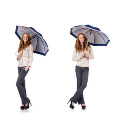 Young woman with umbrella isolated on white