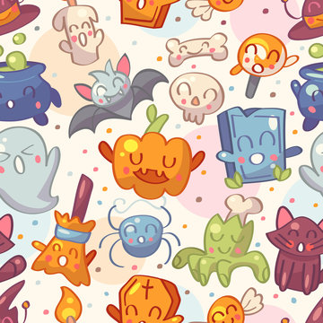Halloween seamless pattern with cute characters. Vector illustration.
