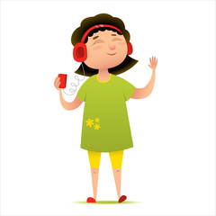 Happy young girl listening to music on her smart phone or player. Cartoon character, mascot.