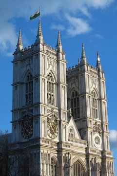 Westminster Abbey, London, west face beneath blue sky