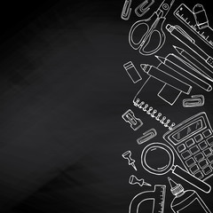 Vector sketch back to school background. Template of stationery on chalkboard with copyspace.