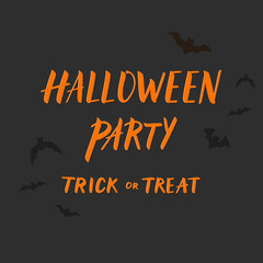 Halloween party banner design with callligraphy and flying bats.