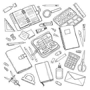 Vector sketchy outline drawing stationary set isolated on white