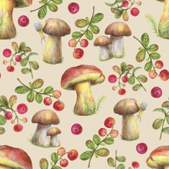 Watercolor pencils mushrooms and berries seamless pattern