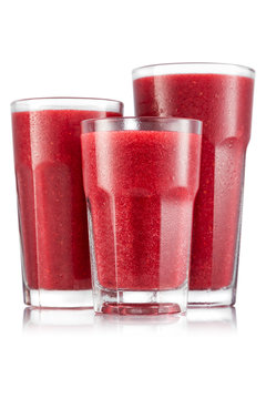 Raspberry and strawberry smoothie in three size of glass