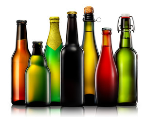 Set of beer bottles isolated on white background