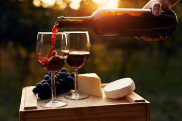 Verser du vin rouge dans le verre dans le vignoble au coucher du soleil