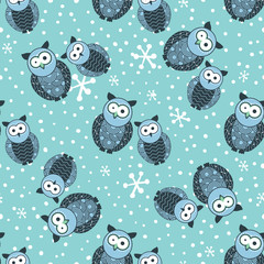 Fototapeta premium Seamless winter pattern with cute owls and snow, snowfall and snowflakes. Blue and white colors. Can be used for fabric textile design, pillow, tablecloth, wallpaper or website backdrop. Vector