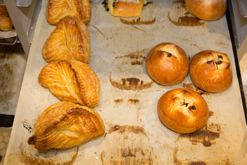 Apple turnovers and bricoche with chocolate at bakery