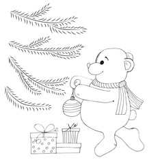 ink sketch Christmas fir tree bear gifts for kids coloring book anti-stress vector