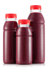 Red fruit smoothie in three size of bottle - obrazy, fototapety, plakaty
