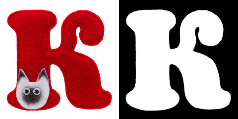 Letter K of the alphabet made of felt isolated on white with alpha mask. Cyrillic (Russian) alphabet. Font for children with educational pictures
