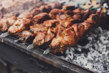 Beef kebab. Fresh roasted meat at grill, bbq, closeup