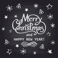 Merry Christmas and Happy New Year chalk hand drawn lettering